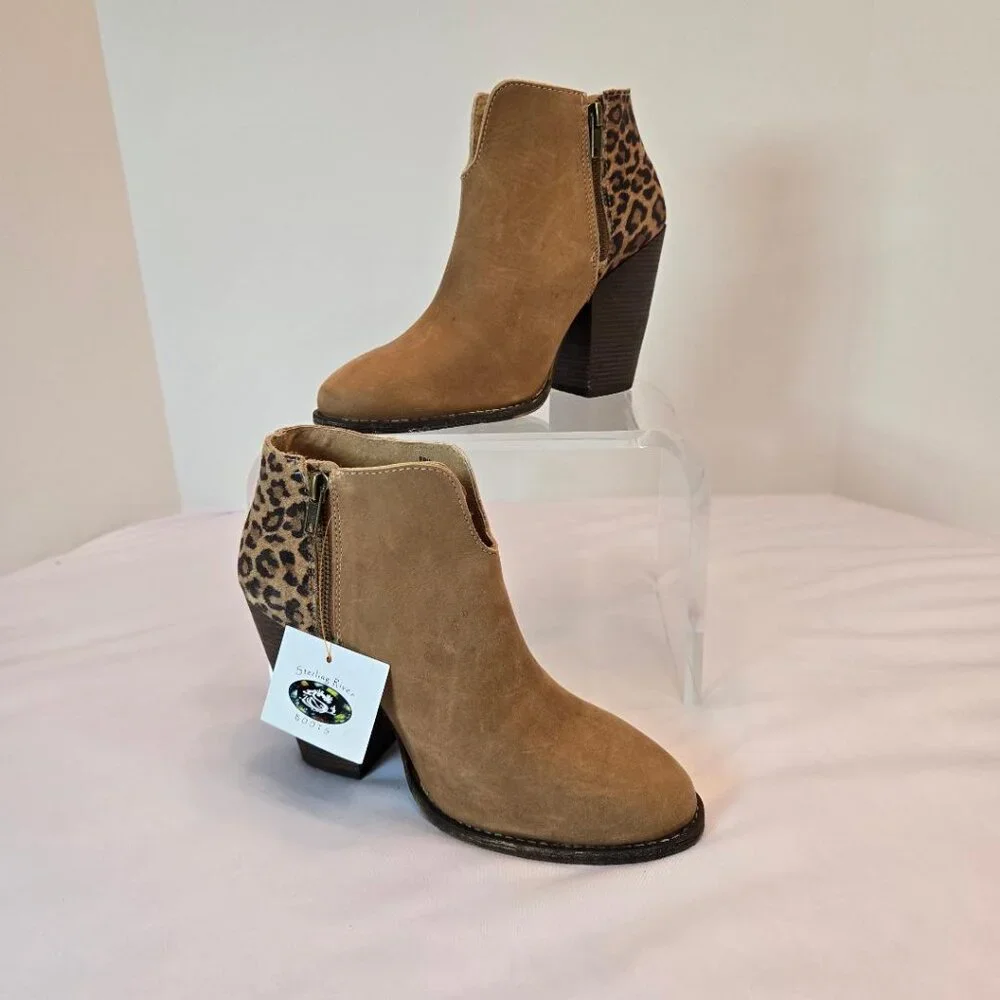 STERLING RIVER Forge Suede Camel/Leopard Rounded Ankle Boots Sz: 9.5